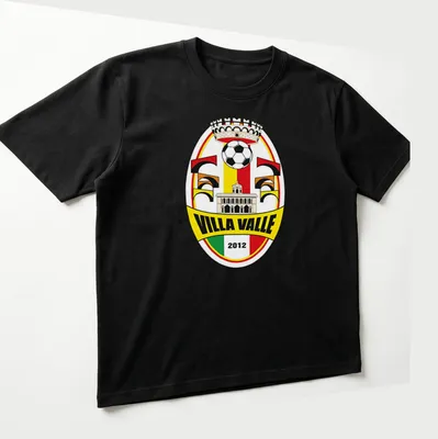 Villa Valle football club crest printed in yellow, red, green, black, and white on a — printed on a unisex t-shirt (angled view)