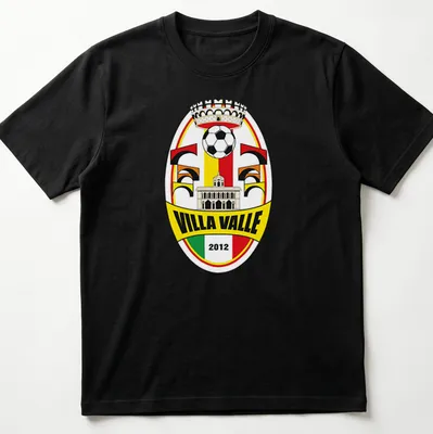 Villa Valle football club crest printed in yellow, red, green, black, and white on a — printed on a unisex t-shirt