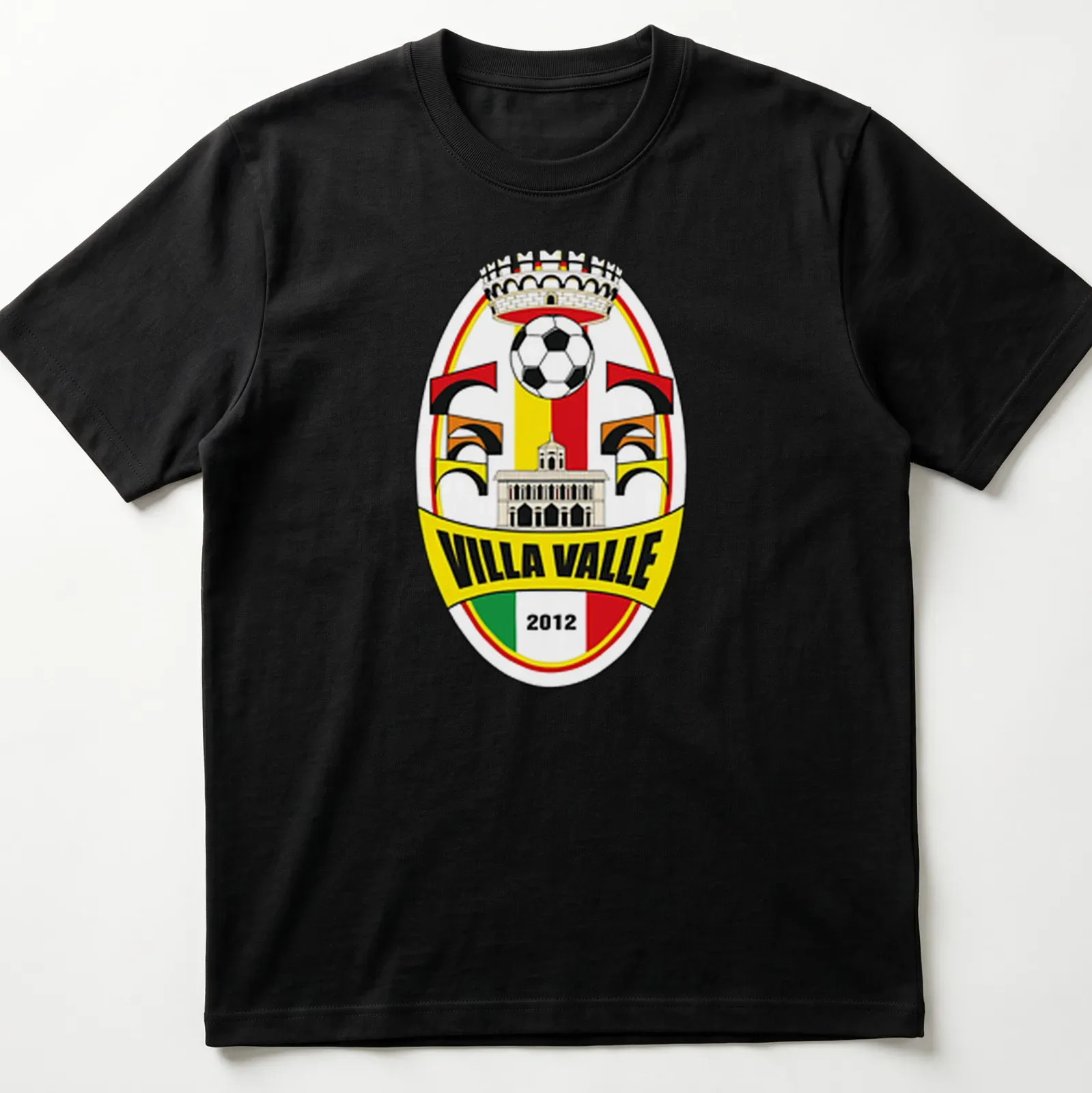 Villa Valle football club crest printed in yellow, red, green, black, and white on a — printed on a unisex t-shirt