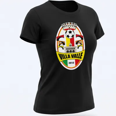 Villa Valle football club crest printed in yellow, red, green, black, and white on a — printed on a women's shirt