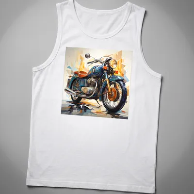 Abstract geometric design of a vintage motorcycle in vibrant colors — printed on a tank top