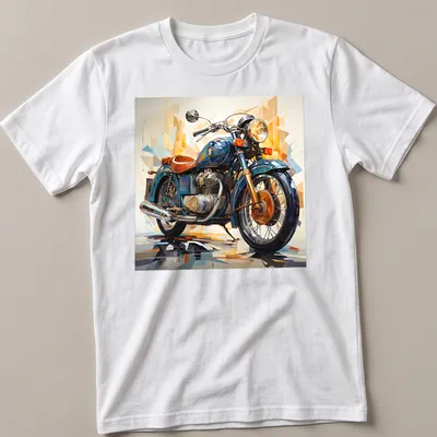 Abstract geometric design of a vintage motorcycle in vibrant colors — printed on a unisex t-shirt