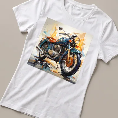 Abstract geometric design of a vintage motorcycle in vibrant colors — printed on a women's shirt