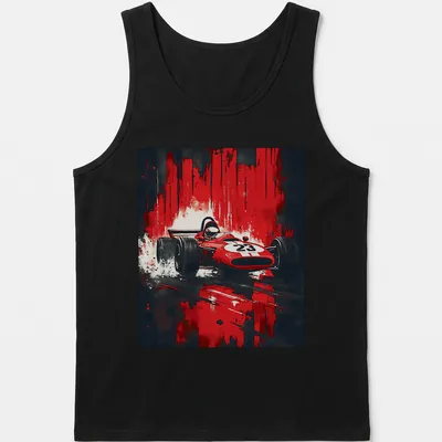 Bold retro print of a vintage race car in red, black, and white — printed on a tank top