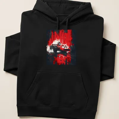 Bold retro print of a vintage race car in red, black, and white — printed on a unisex hoodie