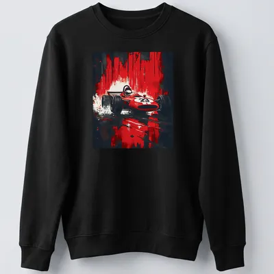 Bold retro print of a vintage race car in red, black, and white — printed on a unisex sweatshirt