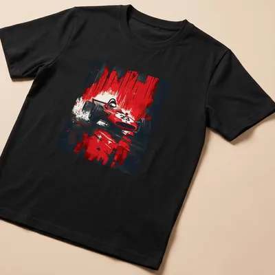 Bold retro print of a vintage race car in red, black, and white — printed on a unisex t-shirt