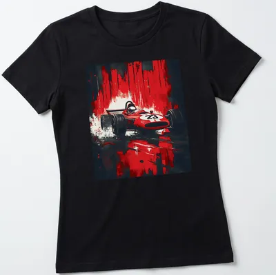 Bold retro print of a vintage race car in red, black, and white — printed on a women's shirt