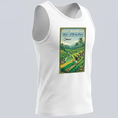 Vintage travel poster style Bali rice terraces t-shirt with a farmer and iconic destinations listed — printed on a tank top