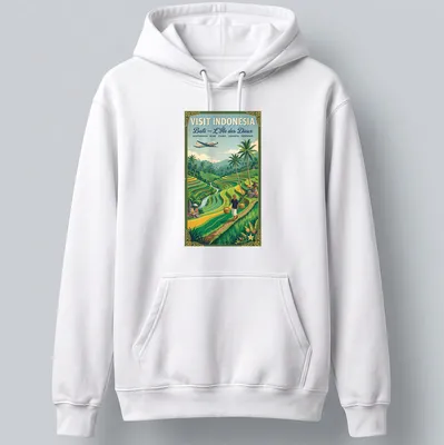 Vintage travel poster style Bali rice terraces t-shirt with a farmer and iconic destinations listed — printed on a unisex hoodie