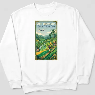 Vintage travel poster style Bali rice terraces t-shirt with a farmer and iconic destinations listed — printed on a unisex sweatshirt