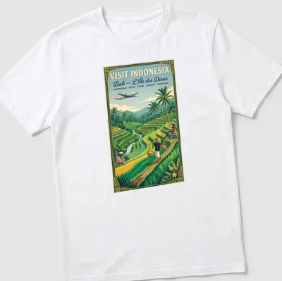 Vintage travel poster style Bali rice terraces t-shirt with a farmer and iconic destinations listed — printed on a unisex t-shirt