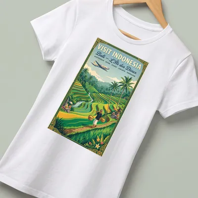 Vintage travel poster style Bali rice terraces t-shirt with a farmer and iconic destinations listed — printed on a women's shirt