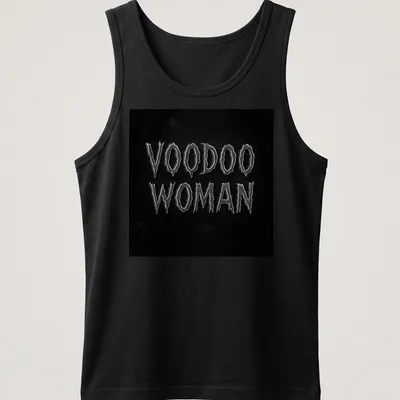 Gothic horror Voodoo Woman t-shirt featuring bold black and white text — printed on a tank top