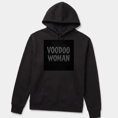 Gothic horror Voodoo Woman t-shirt featuring bold black and white text — printed on a unisex hoodie