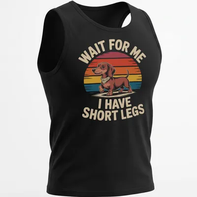 Retro Dachshund t-shirt with humorous text about short legs in warm colors — printed on a tank top