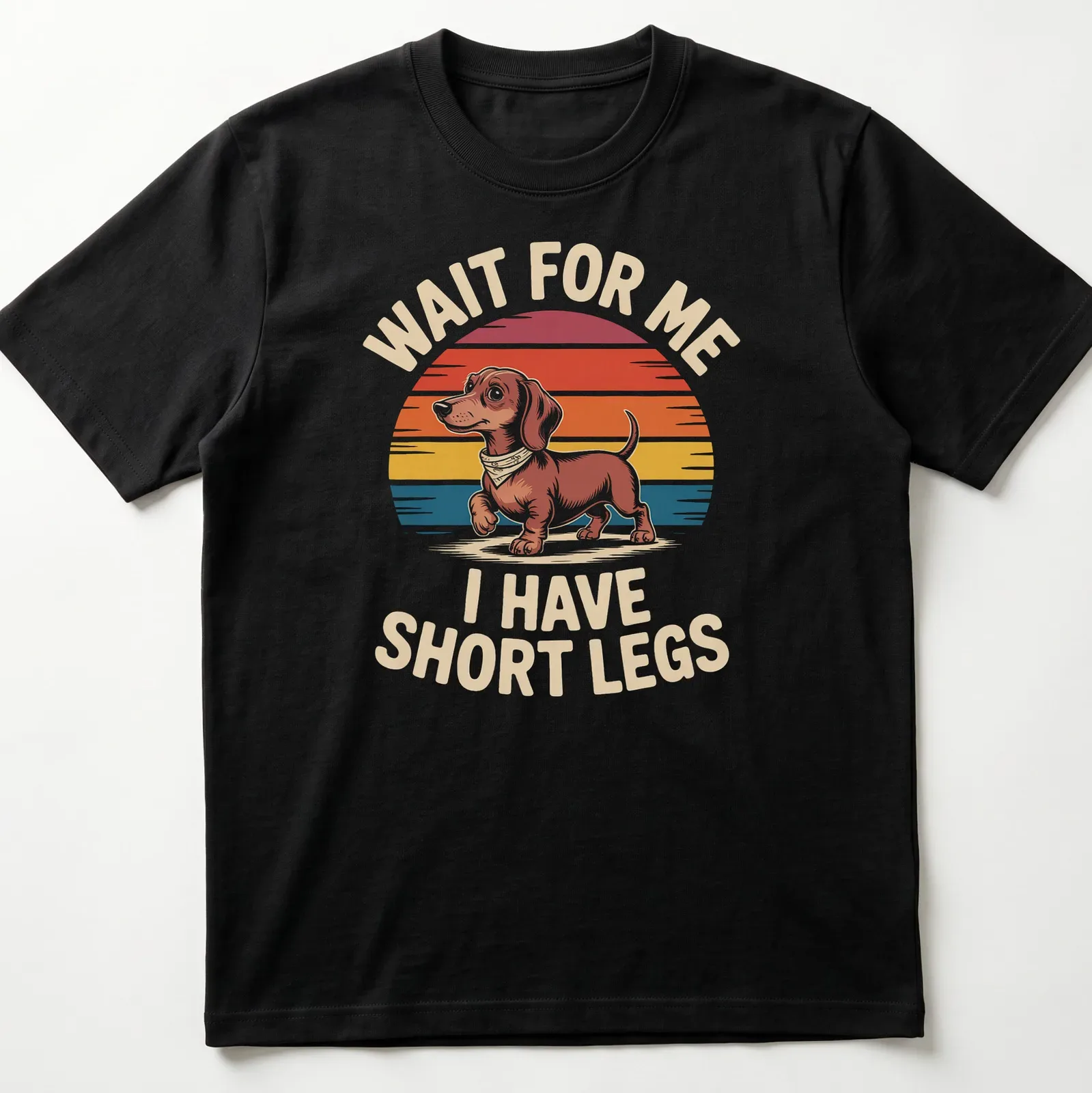 Retro Dachshund t-shirt with humorous text about short legs in warm colors — printed on a unisex t-shirt