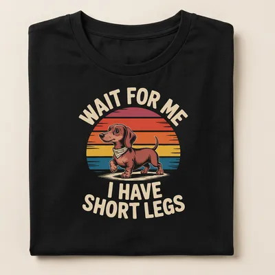 Retro Dachshund t-shirt with humorous text about short legs in warm colors — printed on a women's shirt