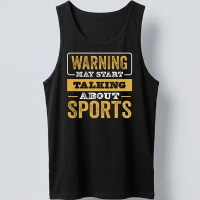 Bold distressed tee with 'WARNING TALKING SPORTS' text in yellow and white — printed on a tank top