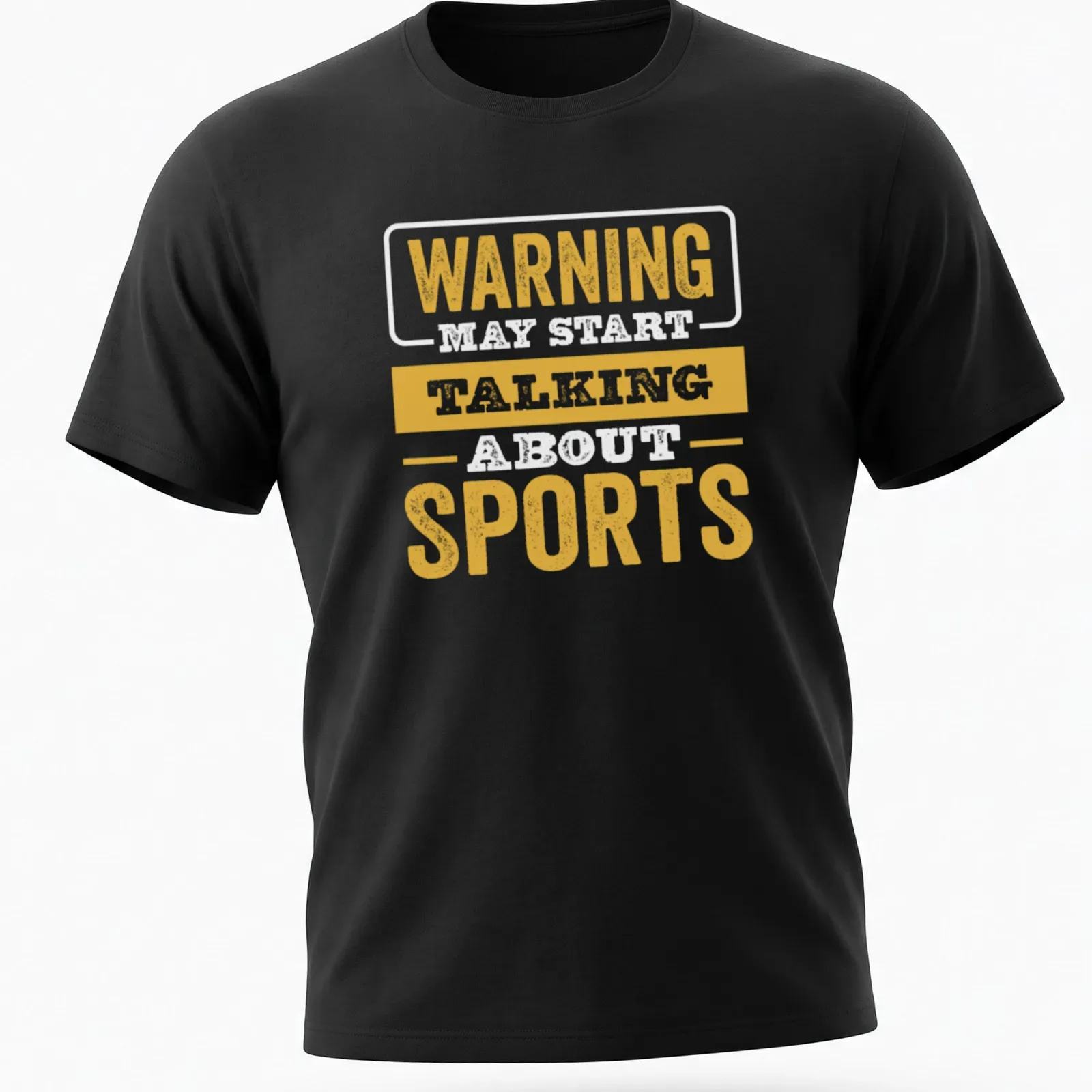 Bold distressed tee with 'WARNING TALKING SPORTS' text in yellow and white — printed on a unisex t-shirt