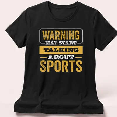 Bold distressed tee with 'WARNING TALKING SPORTS' text in yellow and white — printed on a women's shirt