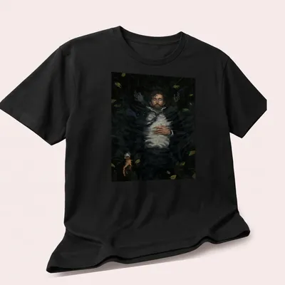 Realistic print of a submerged man with the text 'Water Rots The Body' — printed on a unisex t-shirt (angled view)