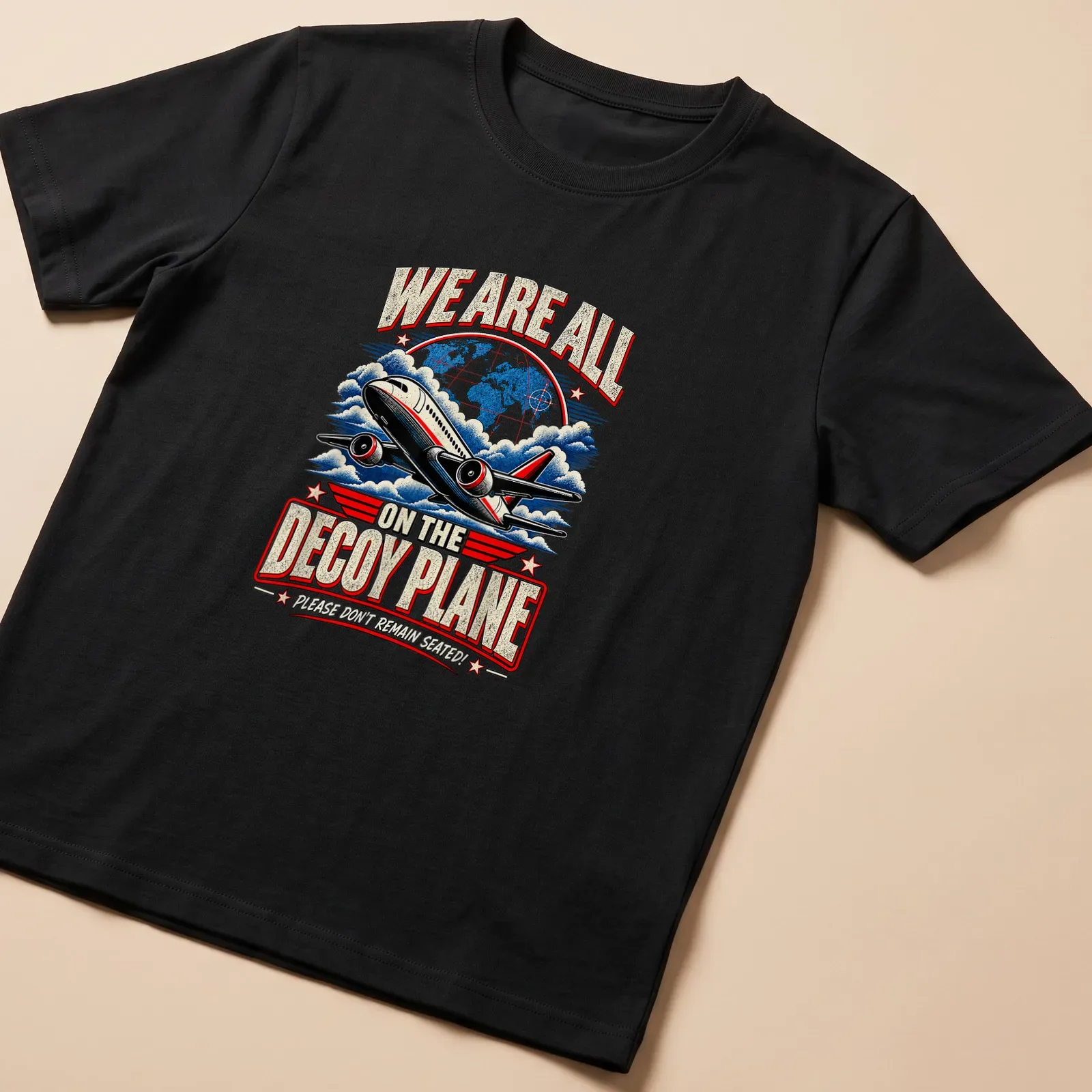 Vintage retro airplane graphic with humorous text about air travel. — printed on a unisex t-shirt
