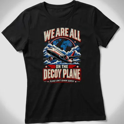 Vintage retro airplane graphic with humorous text about air travel. — printed on a women's shirt