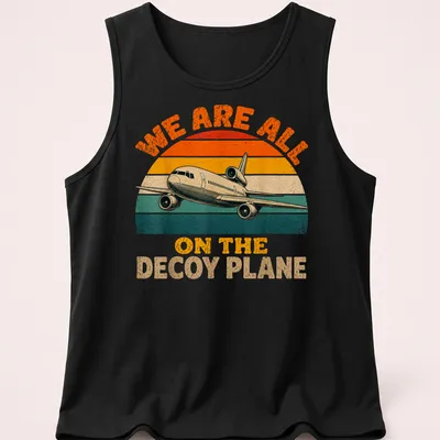 Retro airplane t-shirt with playful text about a decoy plane in vintage colors — printed on a tank top