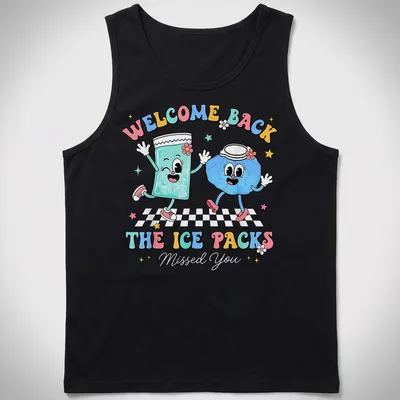 Colorful cartoon ice pack characters with welcome back text — printed on a tank top
