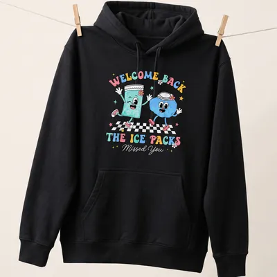 Colorful cartoon ice pack characters with welcome back text — printed on a unisex hoodie