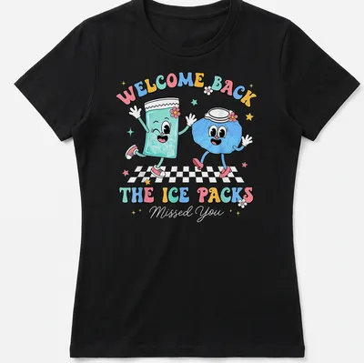 Colorful cartoon ice pack characters with welcome back text — printed on a women's shirt