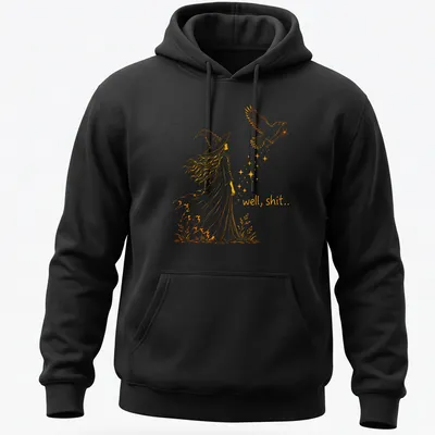 Line-art design featuring a witch and crow with the text 'well, shit..' in orange — printed on a unisex hoodie