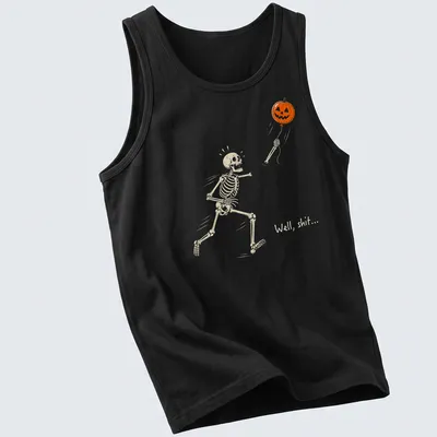 Cartoon skeleton chasing a pumpkin balloon with humorous text above — printed on a tank top