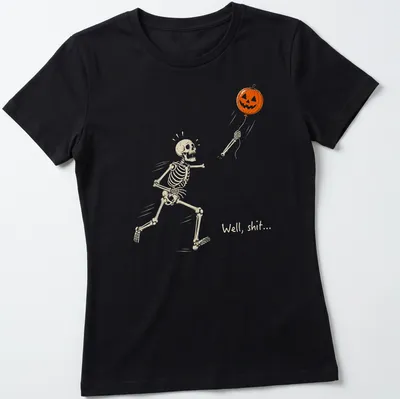 Cartoon skeleton chasing a pumpkin balloon with humorous text above — printed on a women's shirt