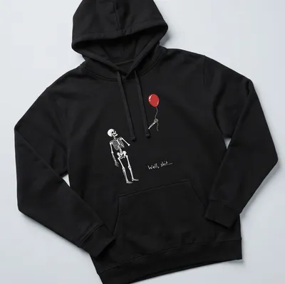 Skeleton with red balloon and the text 'Well, shit...' in a humorous design — printed on a unisex hoodie