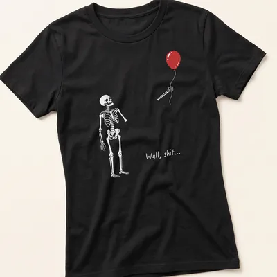 Skeleton with red balloon and the text 'Well, shit...' in a humorous design — printed on a women's shirt
