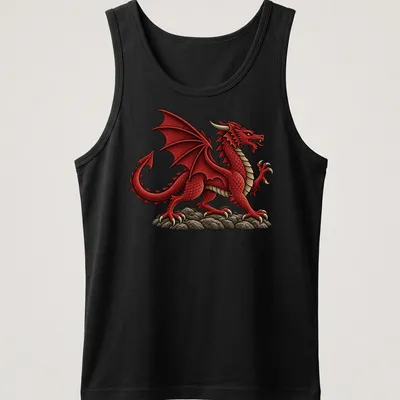 Illustration of a Welsh Red Dragon on a cream background with detailed features in red, black, and grey — printed on a tank top