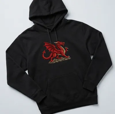 Illustration of a Welsh Red Dragon on a cream background with detailed features in red, black, and grey — printed on a unisex hoodie