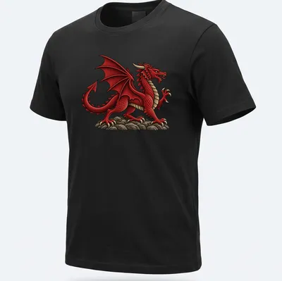 Illustration of a Welsh Red Dragon on a cream background with detailed features in red, black, and grey — printed on a unisex t-shirt