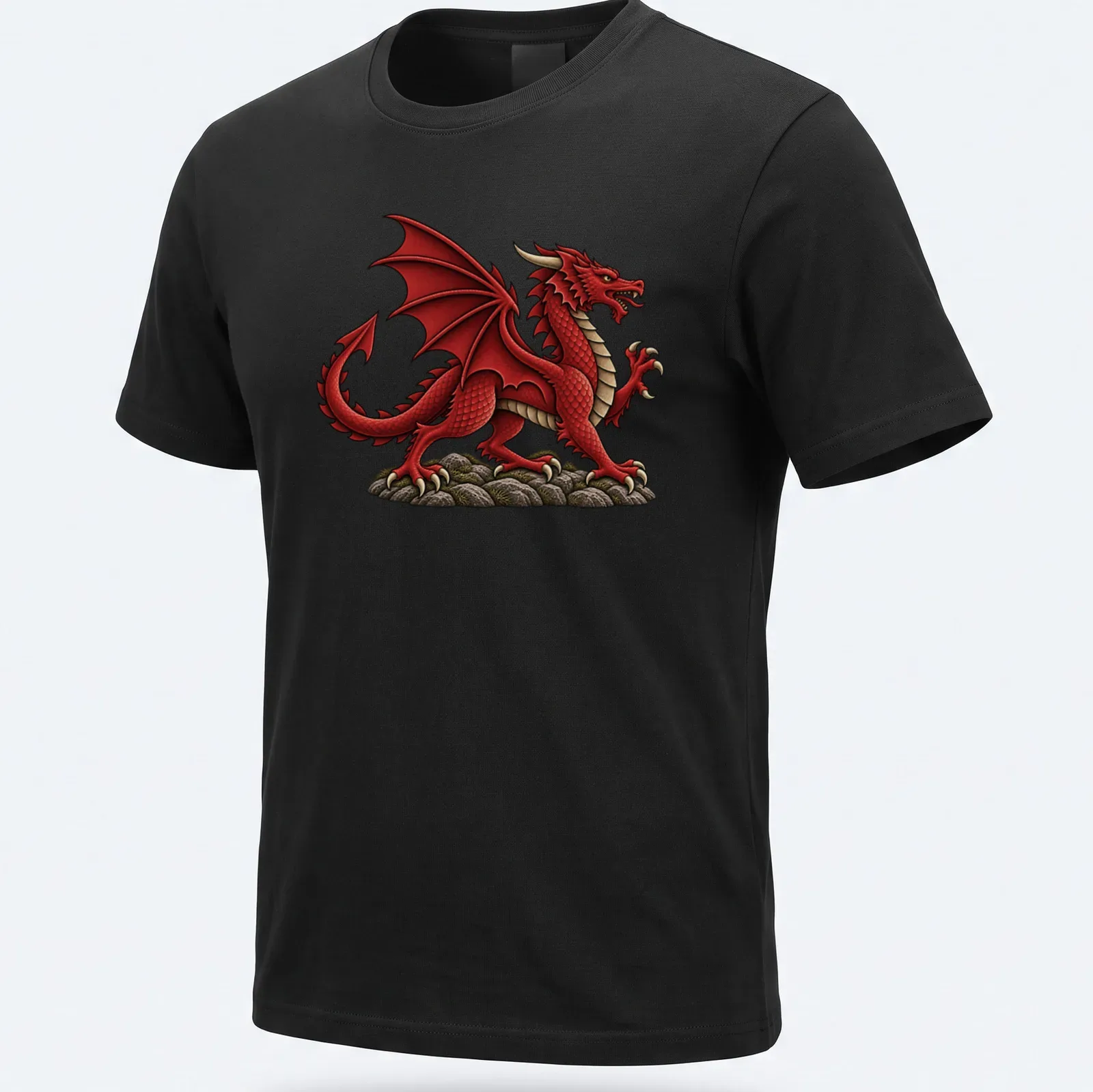 Illustration of a Welsh Red Dragon on a cream background with detailed features in red, black, and grey — printed on a unisex t-shirt