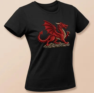 Illustration of a Welsh Red Dragon on a cream background with detailed features in red, black, and grey — printed on a women's shirt