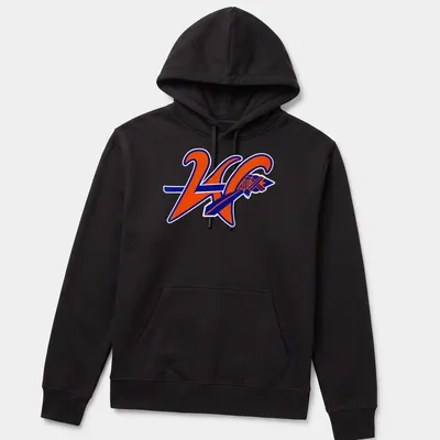 Bold graphic KC logo with text 'Westwood Warriors' in orange and blue — printed on a unisex hoodie