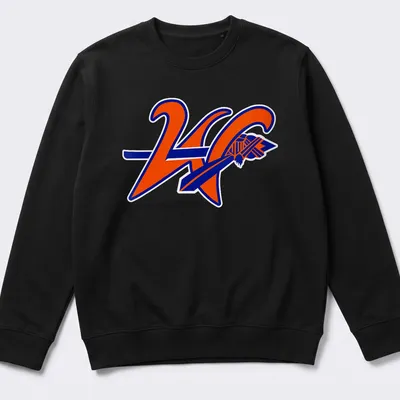 Bold graphic KC logo with text 'Westwood Warriors' in orange and blue — printed on a unisex sweatshirt