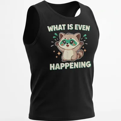 Kawaii cartoon raccoon looking confused with humorous text above — printed on a tank top