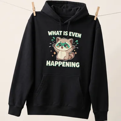 Kawaii cartoon raccoon looking confused with humorous text above — printed on a unisex hoodie