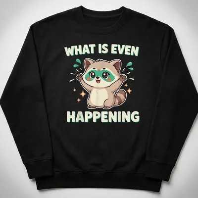 Kawaii cartoon raccoon looking confused with humorous text above — printed on a unisex sweatshirt