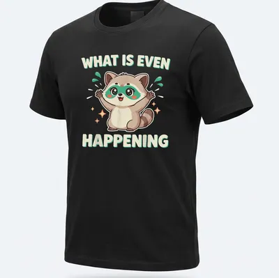 Kawaii cartoon raccoon looking confused with humorous text above — printed on a unisex t-shirt
