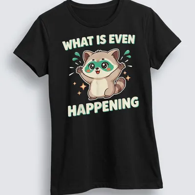 Kawaii cartoon raccoon looking confused with humorous text above — printed on a women's shirt