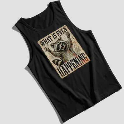 Vintage distressed T-shirt featuring a confused raccoon with humorous text above — printed on a tank top